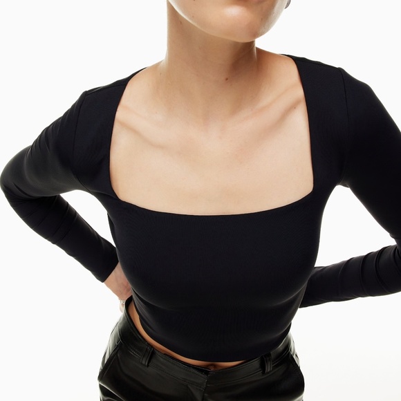 Aritzia Babaton Square Neck Sleek Contour Black Long Sleeve Crop Top XS - Picture 1 of 7